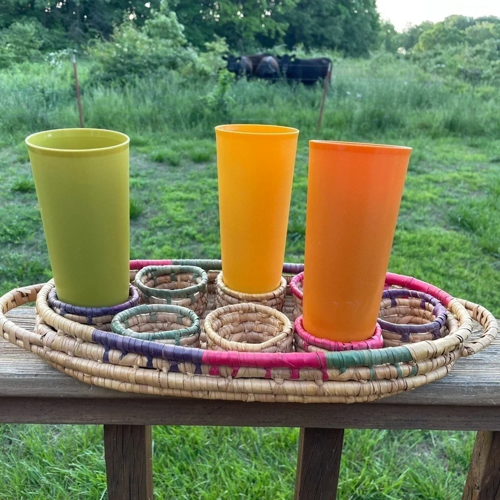 Wicker Woven Rattan Drink Caddy Holders Boho Barware Handles Colorful